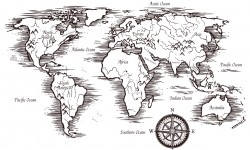 Sketch world map template in black and white colors with titles of continents and oceans vector illustration