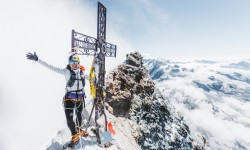 Brazilian ultrarunning athlete Fernanda Maciel is seen at the summit of the Matterhorn, on the Italian side and on its Lion Ridge on August 20, 2020. // Mathis Dumas / Red Bull Content Pool // SI202008270004 // Usage for editorial use only //